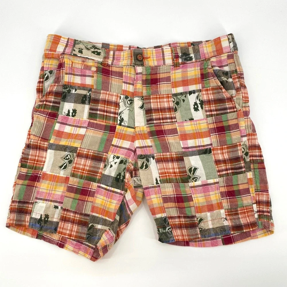Charleston Threads Patchwork Madras Plaid Shorts Mens 36 Multi Color Cotton